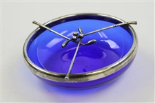 Vintage Blue Cobalt & Sterling Silver Crossed Clubs Glass Dish  - 4 Diameter