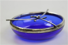 Vintage Blue Cobalt & Sterling Silver Crossed Clubs Glass Dish  - 4 Diameter