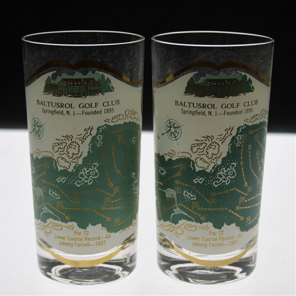 Two (2) Baltusrol Golf Club Layout w/Course Record Drinking Glasses