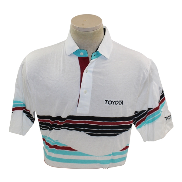 Chi Chi Rodriguezs Worn White Toyota Antigua Golf Polo Shirt w/Blue, Red & Black Stripes