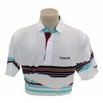 Chi Chi Rodriguezs Worn White Toyota Antigua Golf Polo Shirt w/Blue, Red & Black Stripes