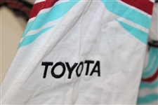 Chi Chi Rodriguez's Worn White 'Toyota' Antigua Golf Polo Shirt w/Blue, Red & Black Stripes