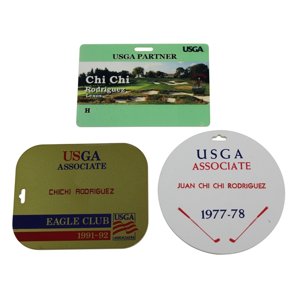 Chi Chi Rodriguez 1991-92 USGA Eagle Club & 1977-1978 USGA Bag Tag w/2009 USGA Partner Badge