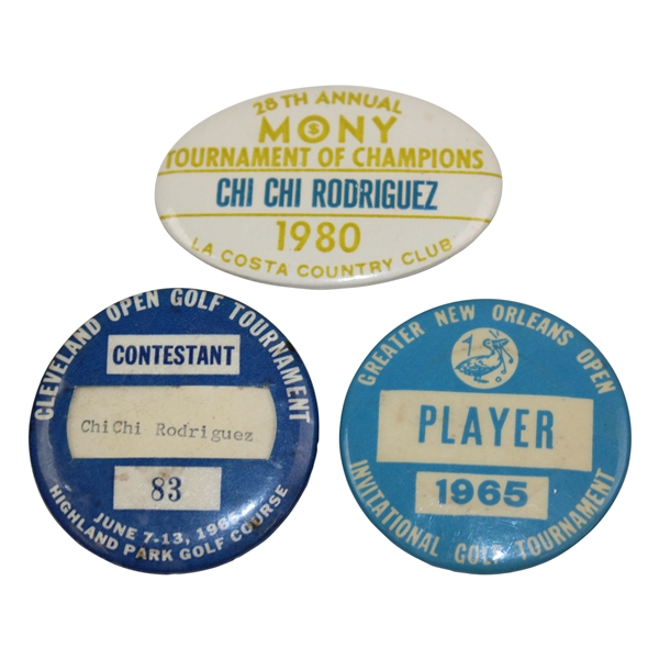Three (3) Chi Chi Rodriguezs Contestant Badges - 1965 New Orleans & Cleveland w/1980 Mony ToC