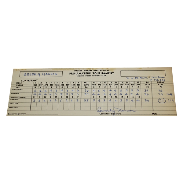 Beverly Hanson Signed 1961 Mickey Wright Invitational Official Scorecard 