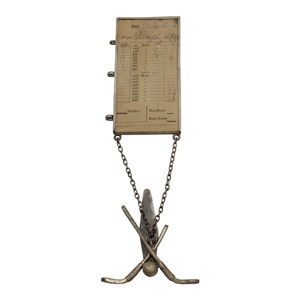 Circa 1898 Ornate Crossed Clubs & Gutta Ball Sterling Silver Scorecard Holder w/ 5 Cards