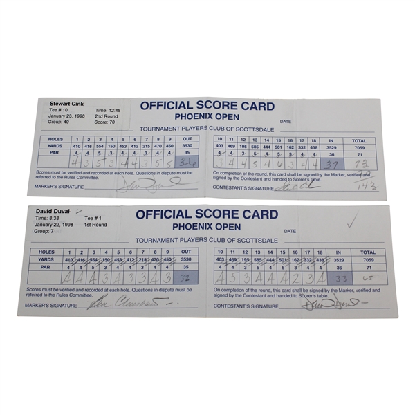 Cink/Duval  & Duval/Crenshaw Signed 1998 Phoenix Open Scorecards JSA ALOA