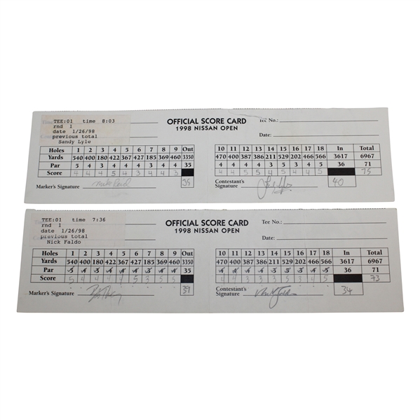 Nick Faldo & Sandy Lyle Signed 1998 Nissan Open Scorecards JSA ALOA