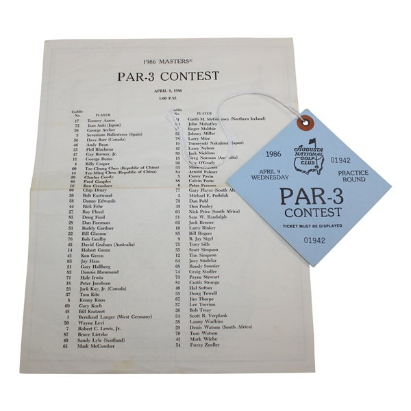 1986 Masters Tournament Par 3 Contest Ticket & Pairing Sheet