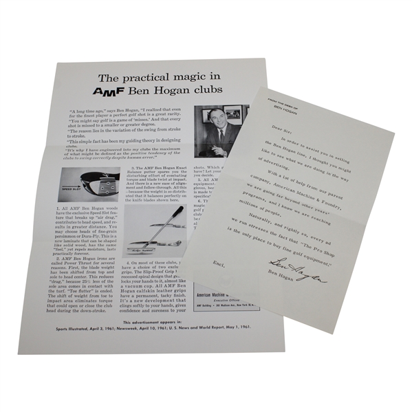 Ben Hogan Co. Mailing Of Latest Equipment with Note From Ben Hogan