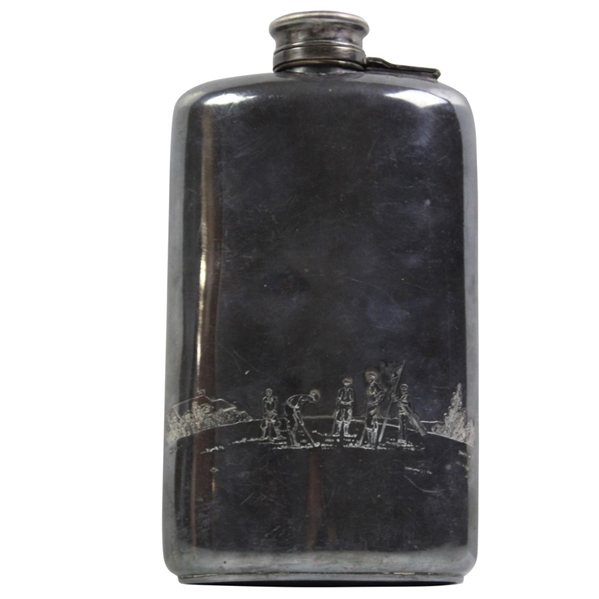 Large Silver Flask With Group of Golfers & Caddie on Green