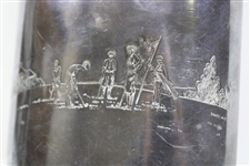 Large Silver Flask With Group of Golfers & Caddie on Green