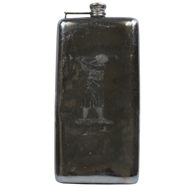 Large Silver Flask With Golfer In His Backswing 
