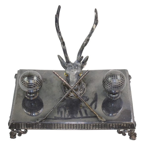 Silver Plated Deer Head with Crossed Golf Clubs & Golf Balls Desk Display