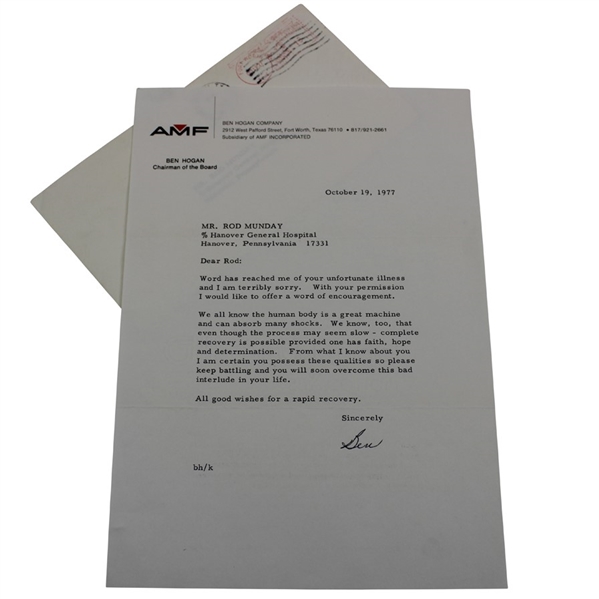 Ben Hogan Signed Personal AMF Letterhead to Rod Munday - 1977 JSA ALOA