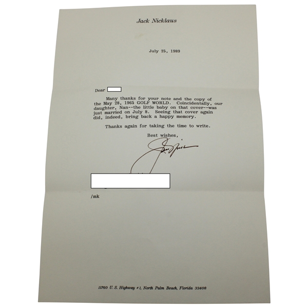 Jack Nicklaus Signed 1989 Letter on Official Letterhead JSA ALOA