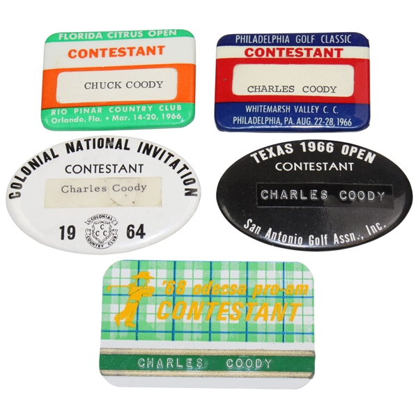 Five (5) Different Charles Coody Contestant Badges From 1960s PGA Tour Events