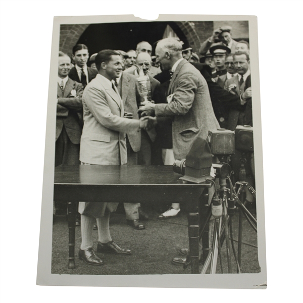 Bobby Jones Receiving the Claret Jug Wire Photo After Royal Liverpool Victory  - 1930