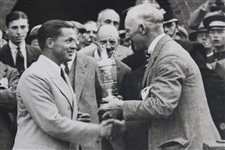 Bobby Jones Receiving the Claret Jug Wire Photo After Royal Liverpool Victory  - 1930