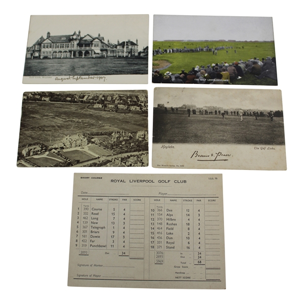 Four (4) Postcards with Royal Liverpool Stymie Scorecard