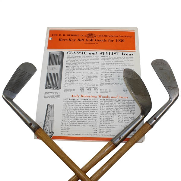 Burr-Key Bilt Golf Goods Booklet w/3 Burr Bilt Andy Robertson Clubs - Putter, Niblick & Mid-Iron
