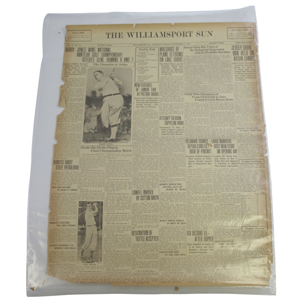 1930 Bobby Jones Wins Amateur Williamsport Sun Newspaper Page - Sept. 27, 1930