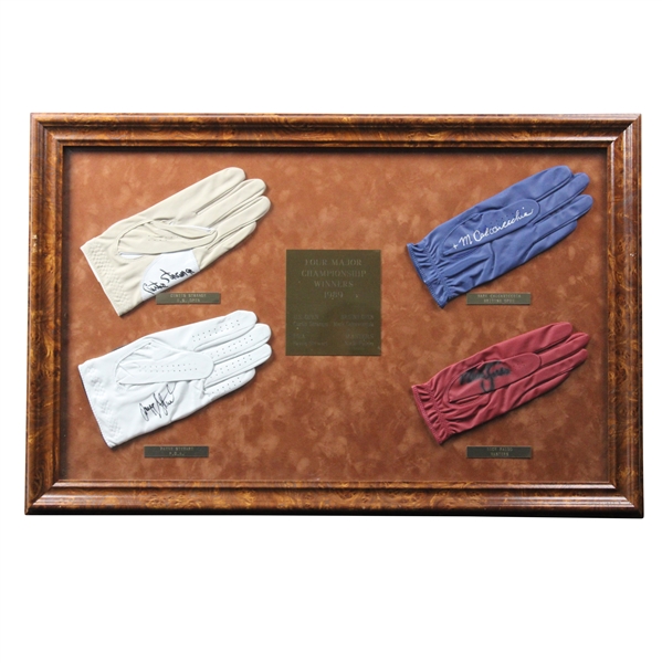 Stewart, Calcavecchia, Faldo & Strange Signed Golf Gloves Display - 1989 Major Champs - Framed JSA ALOA