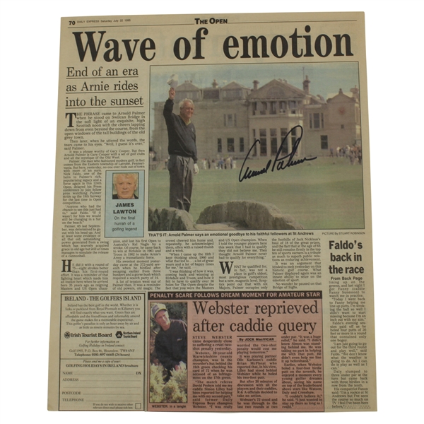 Arnold Palmer Signed 1995 Open Farewell Newspaper Page JSA ALOA
