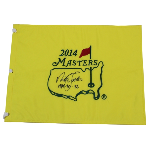 Nick Faldo Signed 2014 Masters Embroidered Flag with 1989-90-96 JSA ALOA