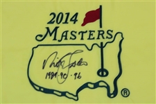 Nick Faldo Signed 2014 Masters Embroidered Flag with '1989-90-96' JSA ALOA