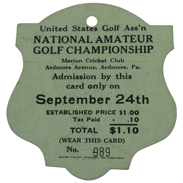 1924 US Amateur at Merion Golf Club Ticket #989 - Bobby Jones First Amateur Win