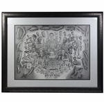 Masters Tournament Legends Collage with Hole Drawings Pencil Print Signed by Artist Michael Warren - Framed