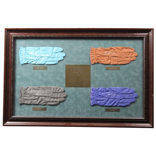 Nicklaus(x2), Geiberger & Casper Signed Golf Gloves Display - 1966 Major Champs - Framed JSA ALOA