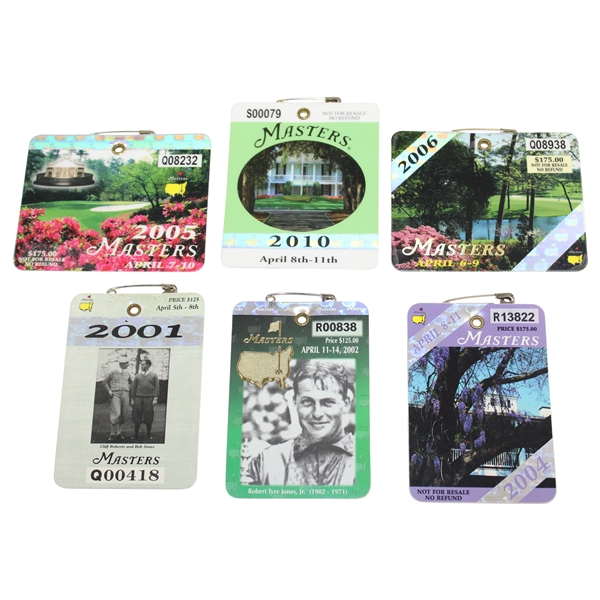 2001, 2002, 2004, 2005, 2006 & 2010 Masters SERIES Badges - Tiger & Mickelson Wins