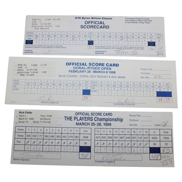 Faldo, Floyd & Watson Signed Match Used Scorecards - The Players, Doral-Ryder Open & Byron Nelson Classic