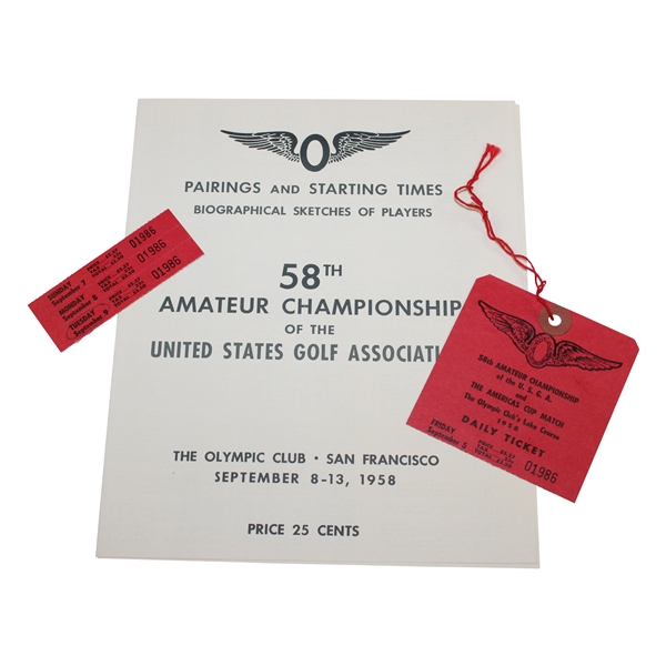 Two (2) 1958 US Amateur at Olympic Club Pairing Sheets & Weekly Daily Ticket - Nicklaus 2nd US Am Attempt
