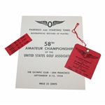 Two (2) 1958 US Amateur at Olympic Club Pairing Sheets & Weekly Daily Ticket - Nicklaus 2nd US Am Attempt