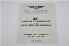 Two (2) 1958 US Amateur at Olympic Club Pairing Sheets & Weekly Daily Ticket - Nicklaus 2nd US Am Attempt