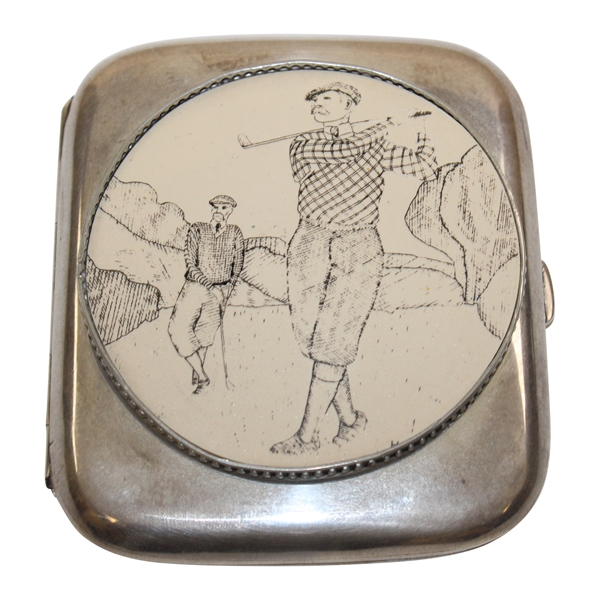 Sterling Silver Cigarette Case with Drawing of Two Golfers