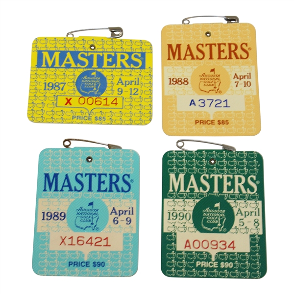 1987, 1988, 1989 & 1990 Masters Tournament SERIES Badges - Mize, Lyle & Faldo (x2) Winners