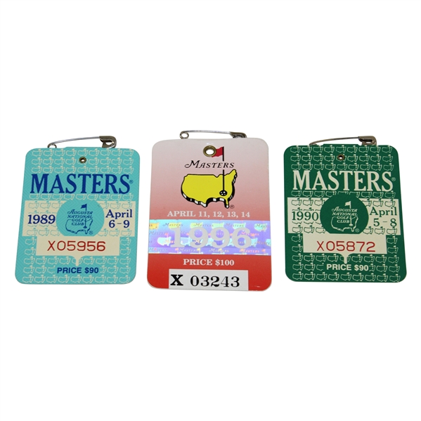 1989, 1990 & 1996 Masters Tournament SERIES Badges - Nick Faldos Three Wins