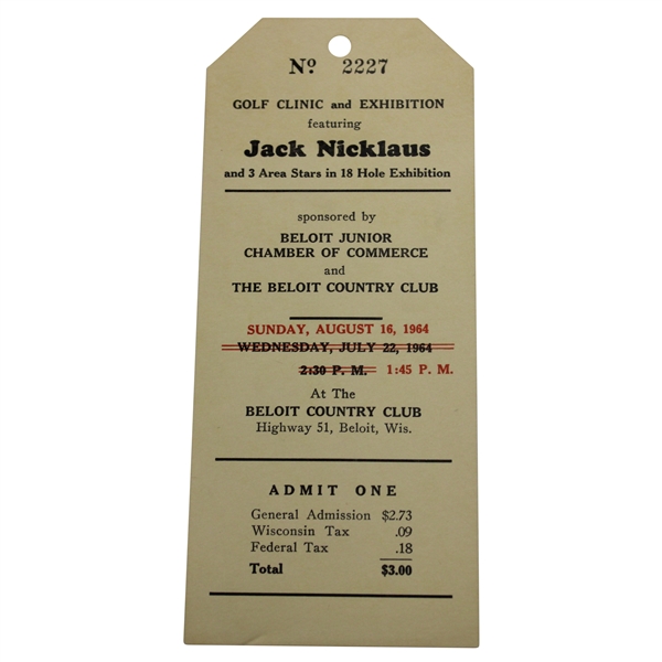Jack Nicklaus 1964 Golf Clinic & Exhibition at The Beloit County Club Ticket - Beloit, Wisconsin