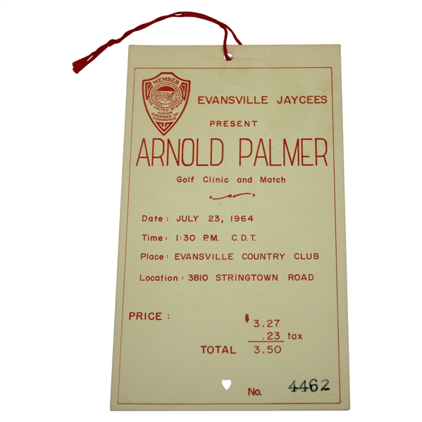 1964 Arnold Palmer Golf Clinic & Match at Evansville Jaycees Pass Ticket #4462