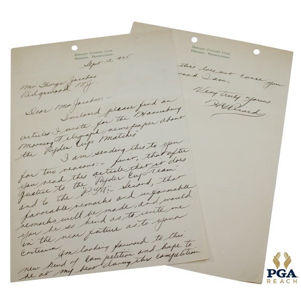 Henry HG Picard Signed 1935 Handwritten Letter to George Jacobus on Hershey CC Letterhead 9/12 JSA ALOA