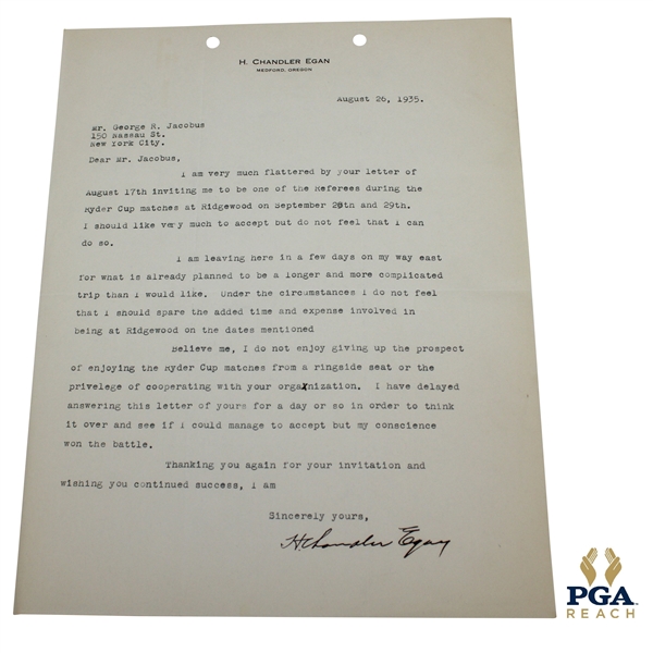 Chandler Egan Signed 1935 Typed Letter on Personal Letterhead 8/26 JSA ALOA