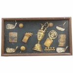Framed Golf History Display With Replica Claret Jug, Old Club Heads, Balls & Photos 