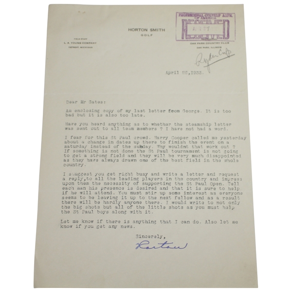 Horton Smith Signed 4/26/33 Ryder Cup Date Change Content Letter JSA ALOA