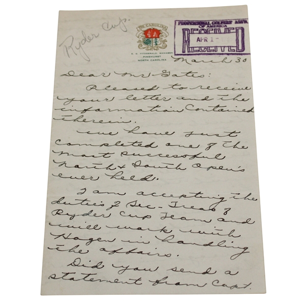Horton Smith Signed 1930 Handwritten Letter to Mr Gates on The Carolina Letterhead JSA ALOA