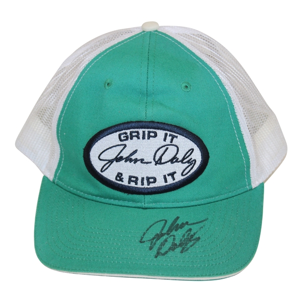 John Daly Signed Grip It & Rip It Teal w/White & Navy Oval Patch Trucker Hat JSA ALOA