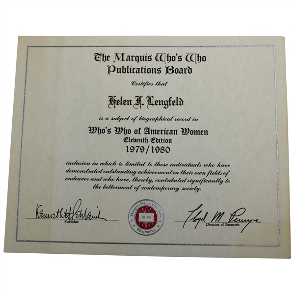 Helen Lengfelds 1979-1980 Whos Who Of American Women Marquis Certificate